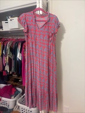 Coral and Light Blue Floral Maxi Dress with Ruffle Hem